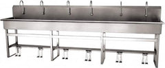 SANI-LAV - 117" Long x 16-1/2" Wide Inside, 1 Compartment, Grade 304 Stainless Steel (6) Person Wash-Station with Double Foot Valves - 16 Gauge, 120" Long x 20" Wide x 45" High Outside, 8" Deep - Benchmark Tooling