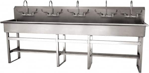 SANI-LAV - 97" Long x 16-1/2" Wide Inside, 1 Compartment, Grade 304 Stainless Steel (5) Person Wash-Station with Manual Faucet - 16 Gauge, 100" Long x 20" Wide x 45" High Outside, 8" Deep - Benchmark Tooling