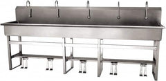 SANI-LAV - 97" Long x 16-1/2" Wide Inside, 1 Compartment, Grade 304 Stainless Steel (5) Person Wash-Station with Double Foot Valves - 16 Gauge, 100" Long x 20" Wide x 45" High Outside, 8" Deep - Benchmark Tooling