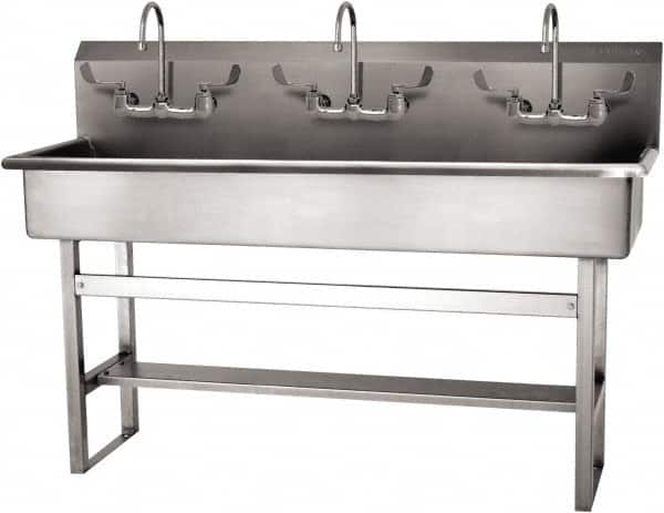 SANI-LAV - 57" Long x 16-1/2" Wide Inside, 1 Compartment, Grade 304 Stainless Steel (4) Person Wash-Station with Manual Faucet - 16 Gauge, 60" Long x 20" Wide x 45" High Outside, 8" Deep - Benchmark Tooling