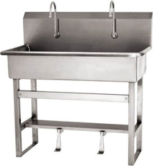 SANI-LAV - 37" Long x 16-1/2" Wide Inside, 1 Compartment, Grade 304 Stainless Steel (3) Person Wash-Station with Single Foot Valves - 16 Gauge, 40" Long x 20" Wide x 45" High Outside, 8" Deep - Benchmark Tooling