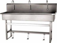 SANI-LAV - 57" Long x 16-1/2" Wide Inside, 1 Compartment, Grade 304 Stainless Steel (4) Person Wash-Station with Single Foot Valves - 16 Gauge, 60" Long x 20" Wide x 45" High Outside, 8" Deep - Benchmark Tooling