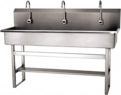 SANI-LAV - 57" Long x 16-1/2" Wide Inside, 1 Compartment, Grade 304 Stainless Steel (4) Person Wash-Station with Electronic Faucet - 16 Gauge, 60" Long x 20" Wide x 45" High Outside, 8" Deep - Benchmark Tooling