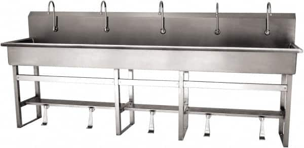 SANI-LAV - 97" Long x 16-1/2" Wide Inside, 1 Compartment, Grade 304 Stainless Steel (5) Person Wash-Station with Single Foot Valves - 16 Gauge, 100" Long x 20" Wide x 45" High Outside, 8" Deep - Benchmark Tooling