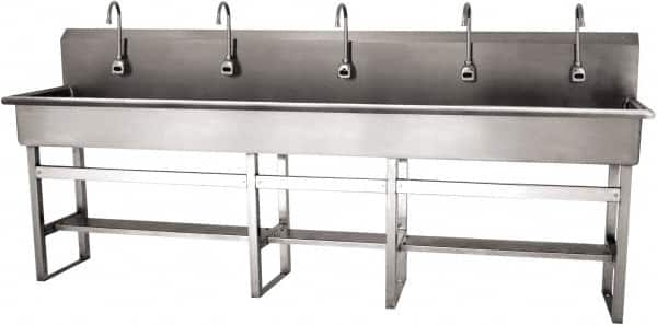 SANI-LAV - 97" Long x 16-1/2" Wide Inside, 1 Compartment, Grade 304 Stainless Steel (5) Person Wash-Station with Electronic Faucet - 16 Gauge, 100" Long x 20" Wide x 45" High Outside, 8" Deep - Benchmark Tooling