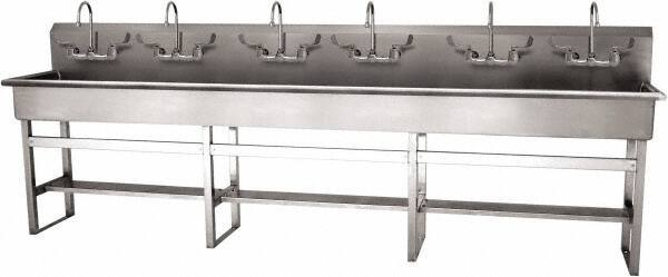 SANI-LAV - 117" Long x 16-1/2" Wide Inside, 1 Compartment, Grade 304 Stainless Steel (6) Person Wash-Station with Manual Faucet - 16 Gauge, 120" Long x 20" Wide x 45" High Outside, 8" Deep - Benchmark Tooling