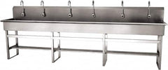 SANI-LAV - 117" Long x 16-1/2" Wide Inside, 1 Compartment, Grade 304 Stainless Steel (6) Person Wash-Station with Electronic Faucet - 16 Gauge, 120" Long x 20" Wide x 45" High Outside, 8" Deep - Benchmark Tooling