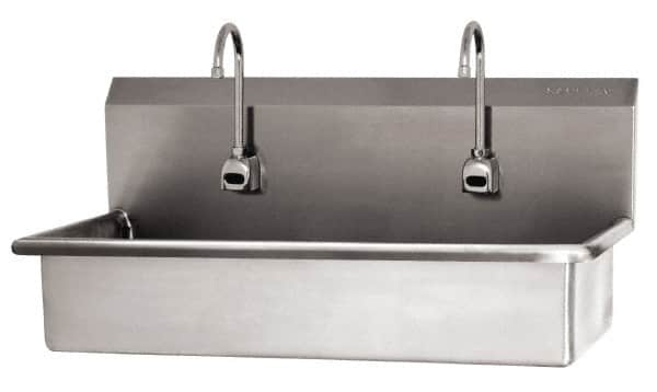 SANI-LAV - 37" Long x 16-1/2" Wide Inside, 1 Compartment, Grade 304 Stainless Steel (2) Person Wash-Station with Electronic Faucet - 16 Gauge, 40" Long x 20" Wide x 18" High Outside, 8" Deep - Benchmark Tooling