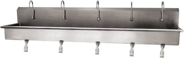 SANI-LAV - 97" Long x 16-1/2" Wide Inside, 1 Compartment, Grade 304 Stainless Steel (5) Person Wash-Station with Single Foot Valves - 16 Gauge, 100" Long x 20" Wide x 18" High Outside, 8" Deep - Benchmark Tooling