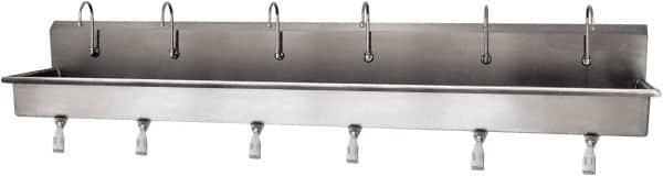 SANI-LAV - 117" Long x 16-1/2" Wide Inside, 1 Compartment, Grade 304 Stainless Steel (6) Person Wash-Station with Single Foot Valves - 16 Gauge, 120" Long x 20" Wide x 18" High Outside, 8" Deep - Benchmark Tooling