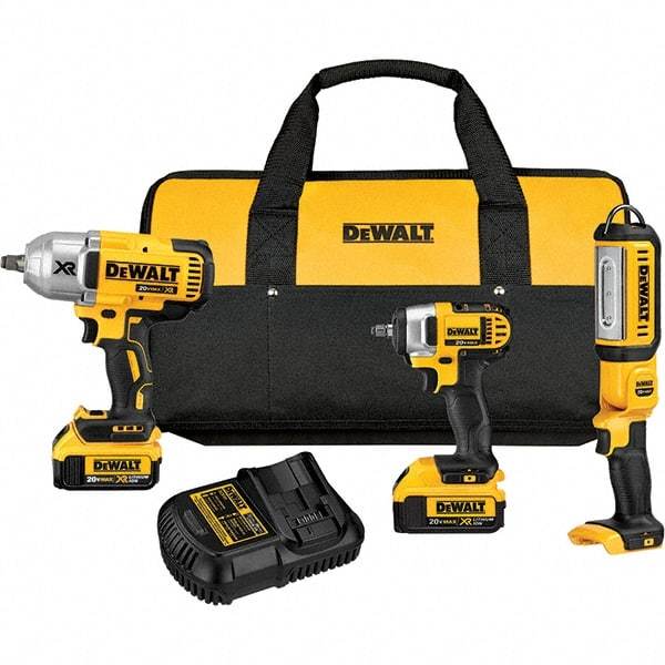 DeWALT - 20 Volt Cordless Tool Combination Kit - Includes 1/2" Impact Wrench, 3/8" Impact Wrench & Handheld Light, Lithium-Ion Battery Included - Benchmark Tooling