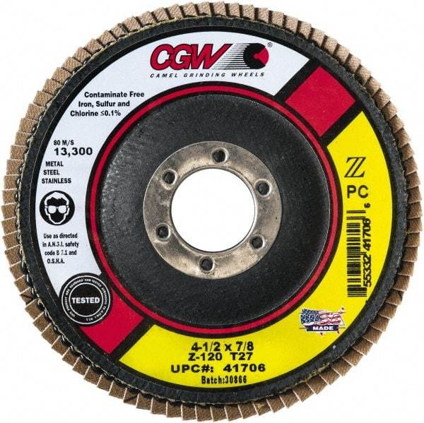 Camel Grinding Wheels - 60 Grit, 7" Disc Diam, 5/8-11 Center Hole, Type 27 Zirconia Alumina Flap Disc - 8,600 Max RPM, Poly Cotton Backing, Arbor Attaching System, Coated - Benchmark Tooling