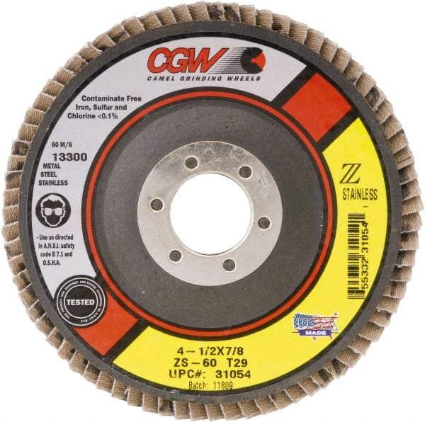Camel Grinding Wheels - 40 Grit, 4-1/2" Disc Diam, 7/8" Center Hole, Type 29 Zirconia Alumina Flap Disc - 13,300 Max RPM, Polyester Backing, Arbor Attaching System, Coated - Benchmark Tooling