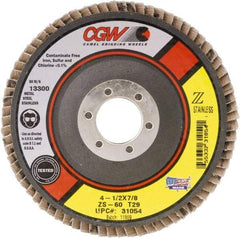 Camel Grinding Wheels - 40 Grit, 4-1/2" Disc Diam, 7/8" Center Hole, Type 29 Zirconia Alumina Flap Disc - 13,300 Max RPM, Polyester Backing, Arbor Attaching System, Coated - Benchmark Tooling