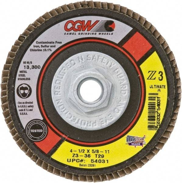 Camel Grinding Wheels - 36 Grit, 4-1/2" Disc Diam, 5/8-11 Center Hole, Type 27 Zirconia Alumina Flap Disc - 13,300 Max RPM, Poly Cotton Backing, Arbor Attaching System, Coated - Benchmark Tooling