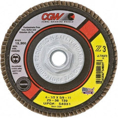 Camel Grinding Wheels - 40 Grit, 4-1/2" Disc Diam, 7/8" Center Hole, Type 27 Zirconia Alumina Flap Disc - 13,300 Max RPM, Poly Cotton Backing, Arbor Attaching System, Coated - Benchmark Tooling