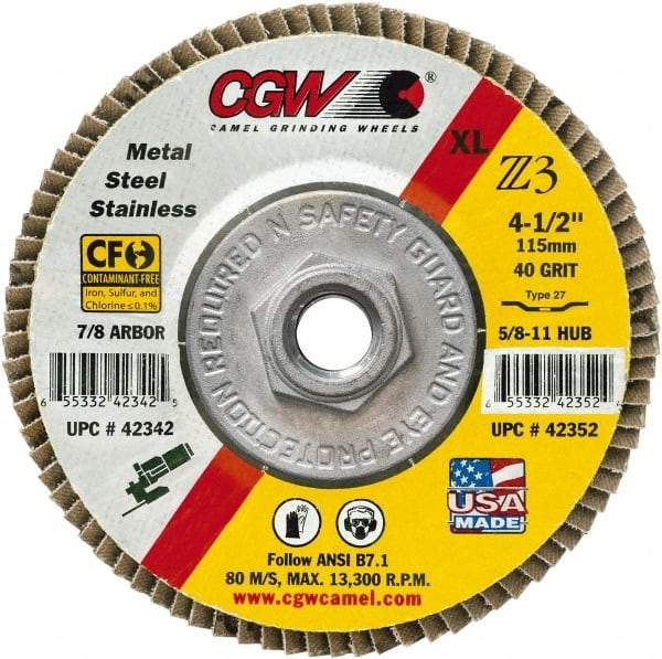 Camel Grinding Wheels - 36 Grit, 4-1/2" Disc Diam, 5/8-11 Center Hole, Type 29 Zirconia Alumina Flap Disc - 13,300 Max RPM, Poly Cotton Backing, Arbor Attaching System, Coated - Benchmark Tooling