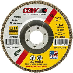 Camel Grinding Wheels - 36 Grit, 4" Disc Diam, 3/8-24 Center Hole, Type 29 Zirconia Alumina Flap Disc - 15,300 Max RPM, Poly Cotton Backing, Arbor Attaching System, Coated - Benchmark Tooling