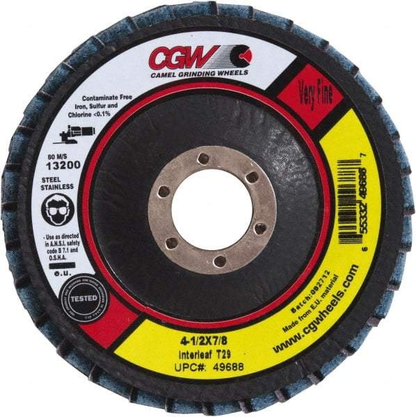 Camel Grinding Wheels - 80 Grit, 4-1/2" Disc Diam, 5/8-11 Center Hole, Type 29 Aluminum Oxide Flap Disc - 13,300 Max RPM, Poly Cotton Backing, Arbor Attaching System, Coated & Non-Woven Combo - Benchmark Tooling