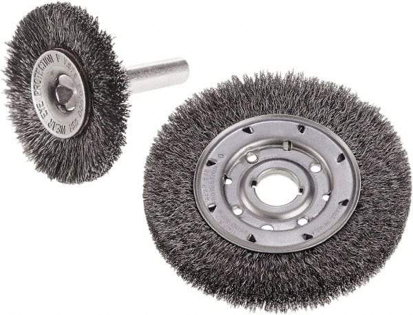 Camel Grinding Wheels - 3" OD, 1/4" Shank Diam, Crimped Stainless Steel Wheel Brush - 3" Face Width, 3/4" Trim Length, 0.014" Filament Diam - Benchmark Tooling