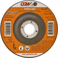 Camel Grinding Wheels - 24 Grit, 4-1/2" Wheel Diam, 1/8" Wheel Thickness, 7/8" Arbor Hole, Type 27 Depressed Center Wheel - Coarse Grade, Zirconia Alumina, Resinoid Bond, 13,300 Max RPM - Benchmark Tooling