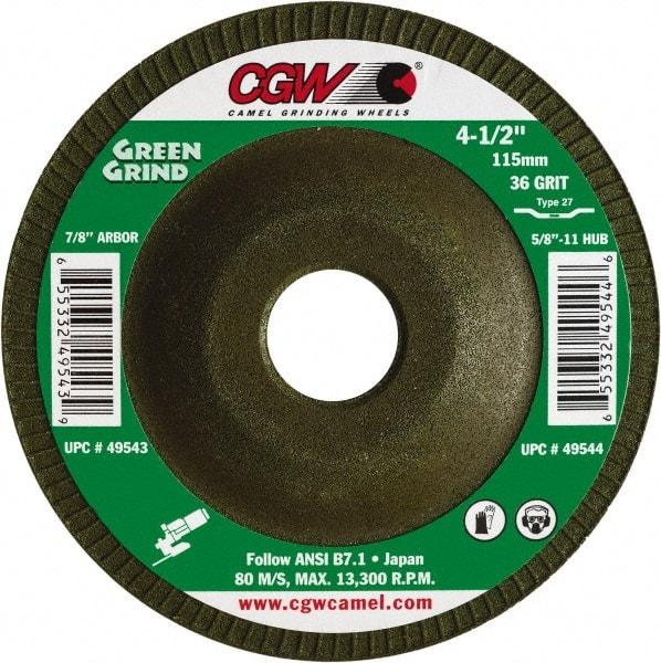 Camel Grinding Wheels - 36 Grit, 4-1/2" Wheel Diam, 5/32" Wheel Thickness, 7/8" Arbor Hole, Type 27 Depressed Center Wheel - Medium Grade, Zirconia Alumina, Resinoid Bond, 13,300 Max RPM - Benchmark Tooling