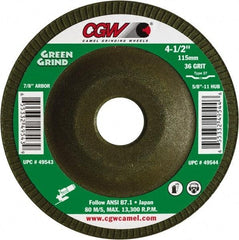 Camel Grinding Wheels - 36 Grit, 7" Wheel Diam, 5/32" Wheel Thickness, 7/8" Arbor Hole, Type 27 Depressed Center Wheel - Medium Grade, Zirconia Alumina, Resinoid Bond, 8,600 Max RPM - Benchmark Tooling