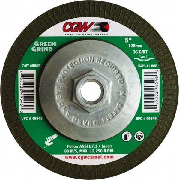 Camel Grinding Wheels - 36 Grit, 7" Wheel Diam, 5/32" Wheel Thickness, Type 27 Depressed Center Wheel - Medium Grade, Zirconia Alumina, Resinoid Bond, 8,600 Max RPM - Benchmark Tooling