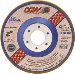 Camel Grinding Wheels - 60 Grit, 4-1/2" Wheel Diam, 1/8" Wheel Thickness, 7/8" Arbor Hole, Type 29 Depressed Center Wheel - Medium Grade, Aluminum Oxide, Resinoid Bond, 13,300 Max RPM - Benchmark Tooling