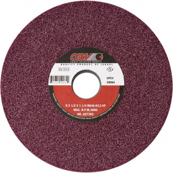 Camel Grinding Wheels - 8" Diam x 1-1/4" Hole x 1/2" Thick, H Hardness, 46 Grit Surface Grinding Wheel - Aluminum Oxide, Type 1, Medium Grade, Vitrified Bond, No Recess - Benchmark Tooling