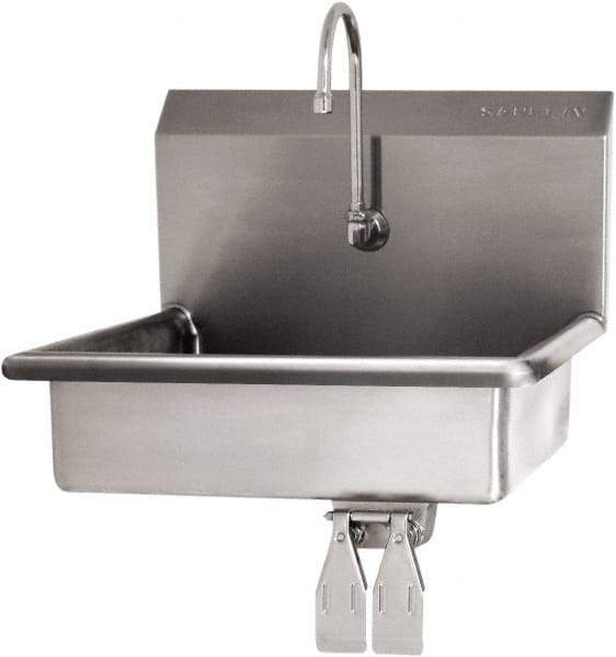 SANI-LAV - 16" Long x 12-1/2" Wide Inside, 1 Compartment, Grade 304 Stainless Steel Hand Sink Wall Mount with Single Knee Valve - 16 Gauge, 19" Long x 16" Wide x 20-1/2" High Outside, 6" Deep - Benchmark Tooling