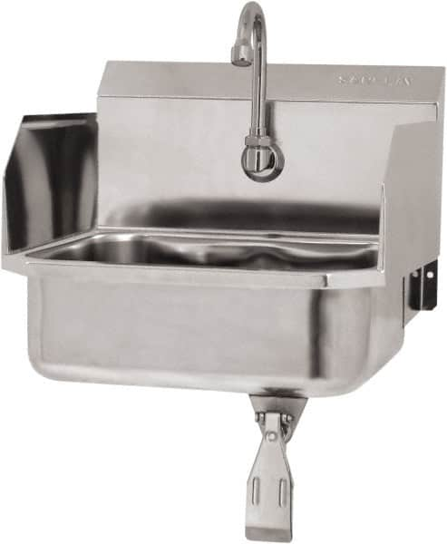 SANI-LAV - 14" Long x 11" Wide Inside, 1 Compartment, Grade 304 Stainless Steel Hand Sink Wall Mount with Single Knee Valve - 18 Gauge, 16" Long x 15-1/4" Wide x 16" High Outside, 5" Deep - Benchmark Tooling