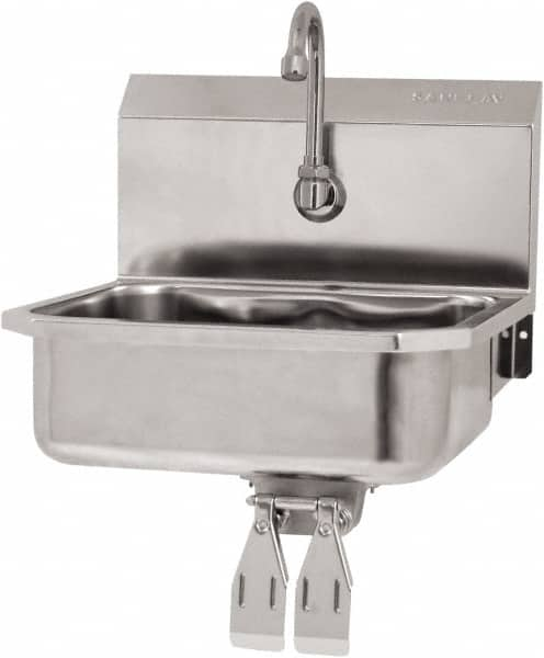 SANI-LAV - 14" Long x 11" Wide Inside, 1 Compartment, Grade 304 Stainless Steel Hand Sink Wall Mount with Double Knee Valve - 18 Gauge, 16" Long x 15-1/4" Wide x 16" High Outside, 5" Deep - Benchmark Tooling