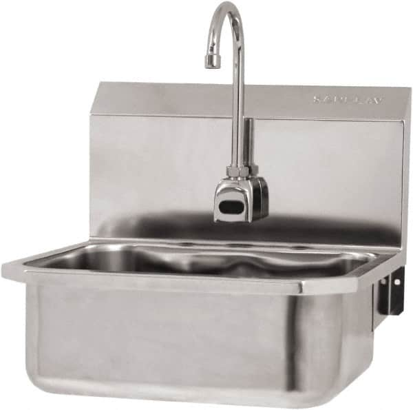 SANI-LAV - 17" Long x 14" Wide Inside, 1 Compartment, Grade 304 Stainless Steel Hand Sink Wall Mount with Electronic Faucet - 18 Gauge, 19" Long x 18" Wide x 21" High Outside, 7" Deep - Benchmark Tooling