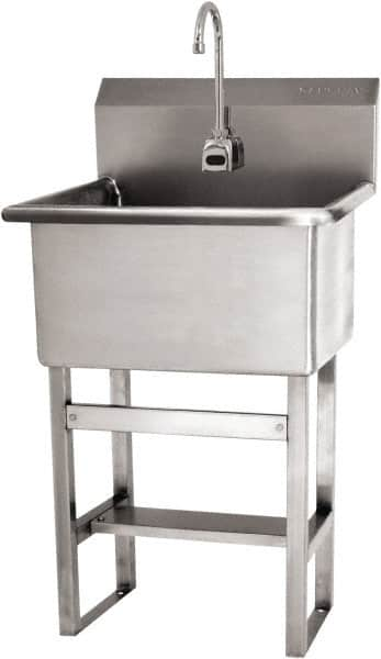 SANI-LAV - 22" Long x 16" Wide Inside, 1 Compartment, Grade 304 Stainless Steel Hand Sink Floor Mount with Electronic Faucet - 16 Gauge, 25" Long x 19-1/2" Wide x 46-1/2" High Outside, 10-1/2" Deep - Benchmark Tooling