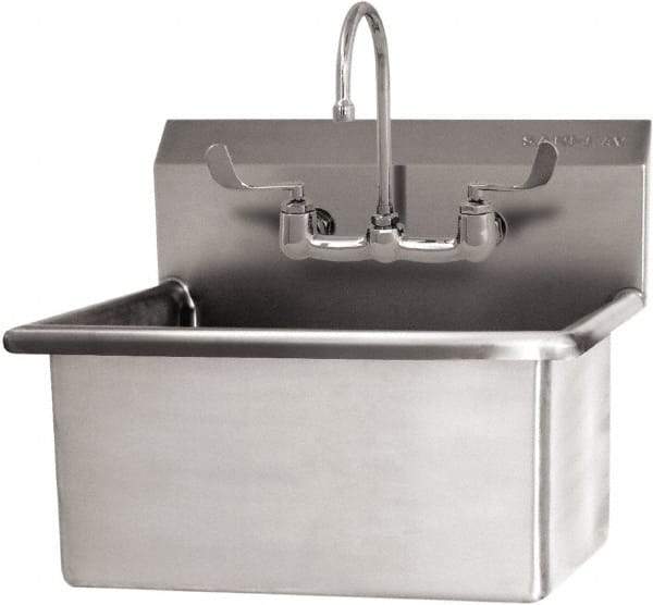 SANI-LAV - 28" Long x 16" Wide Inside, 1 Compartment, Grade 304 Stainless Steel Hand Sink Wall Mount with Manual Faucet - 16 Gauge, 31" Long x 19-1/2" Wide x 24" High Outside, 10-1/2" Deep - Benchmark Tooling