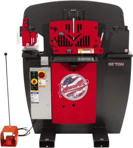 Edwards Manufacturing - 7-1/2" Throat Depth, 100 Ton Punch Pressure, 1-1/16" in 1" Punch Capacity Ironworker - 7-1/2 hp, 3 Phase, 230 Volts, 45" Wide x 61-11/16" High x 56-1/8" Deep - Benchmark Tooling