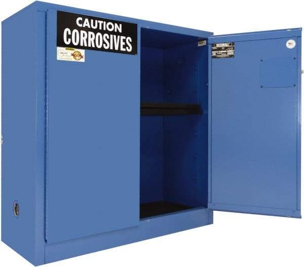 Securall Cabinets - 2 Door, 1 Shelf, Blue Steel Standard Safety Cabinet for Corrosive Chemicals - 44" High x 43" Wide x 18" Deep, Manual Closing Door, 3 Point Key Lock, 30 Gal Capacity - Benchmark Tooling