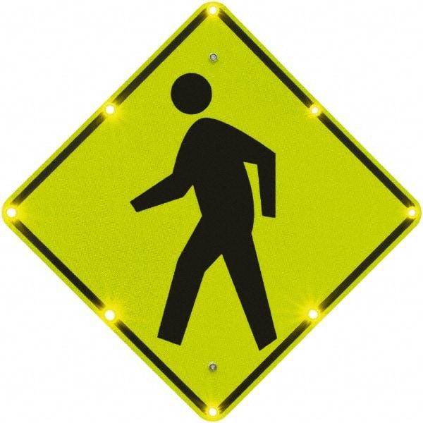 TAPCO - "Pedestrian Crossing", 36" Wide x 36" High, Aluminum Pedestrian Crossing Signs - 0.08" Thick, Fluorescent Yellow, Green, Black, Diamond Grade Reflectivity, Diamond, Post Mount - Benchmark Tooling