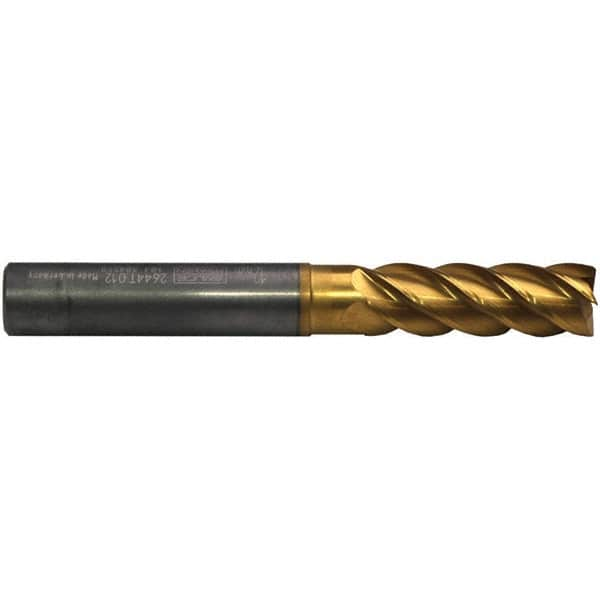 Emuge - 5mm Diam, 15mm LOC, 4 Flute Solid Carbide Roughing & Finishing End Mill - TiN/TiAlN Finish, 62mm OAL, 6mm Shank Diam, Cylindrical Shank, 42° Helix, Extra Long Length - Benchmark Tooling