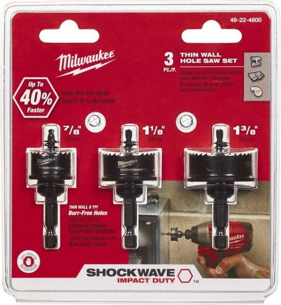 Milwaukee Tool - 3 Piece, 7/8" to 1-3/8" Saw Diam, Impact Rated Hole Saw Kit - Bi-Metal, Toothed Edge, Includes 3 Hole Saws - Benchmark Tooling