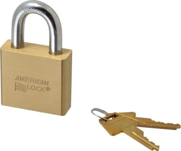 American Lock - 1-1/8" Shackle Clearance, Keyed Different A5570 Padlock - 3/8" Shackle Diam, Steel & Brass, with Solid Extruded Brass Finish - Benchmark Tooling