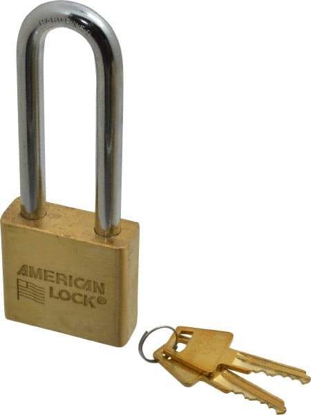 American Lock - 3" Shackle Clearance, Keyed Alike A5572 Padlock - 3/8" Shackle Diam, Steel & Brass, with Solid Extruded Brass Finish - Benchmark Tooling