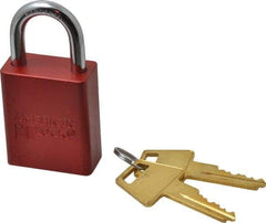 American Lock - Keyed Alike Conductive Lockout Padlock - 1" Shackle Clearance, 1/4" Shackle Diam, 1.8" Body Height x 1-1/2" Body Width, Red, 5 Pins - Benchmark Tooling