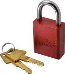 American Lock - Keyed Alike Conductive Lockout Padlock - 1" Shackle Clearance, 1/4" Shackle Diam, 1.8" Body Height x 1-1/2" Body Width, Red, 5 Pins - Benchmark Tooling