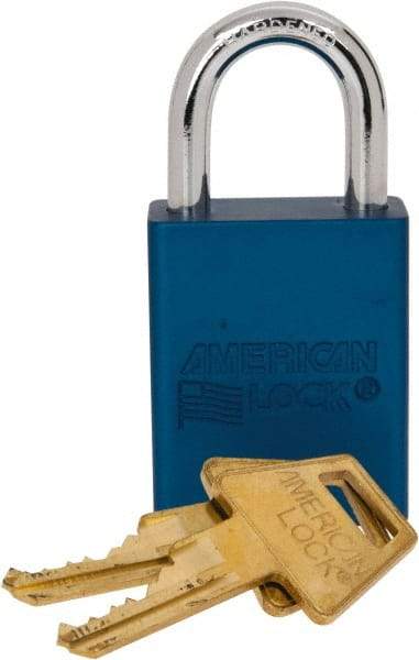 American Lock - Keyed Alike Conductive Lockout Padlock - 1" Shackle Clearance, 1/4" Shackle Diam, 1.8" Body Height x 1-1/2" Body Width, Blue, 5 Pins - Benchmark Tooling