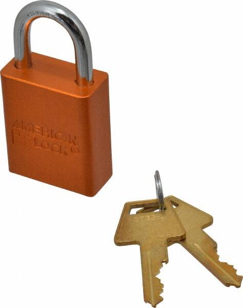 American Lock - Keyed Alike Conductive Lockout Padlock - 1" Shackle Clearance, 1/4" Shackle Diam, 1.8" Body Height x 1-1/2" Body Width, Orange, 5 Pins - Benchmark Tooling