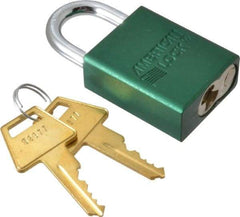 American Lock - Keyed Different Conductive Lockout Padlock - 1" Shackle Clearance, 1/4" Shackle Diam, 1.8" Body Height x 1-1/2" Body Width, Green, 5 Pins - Benchmark Tooling
