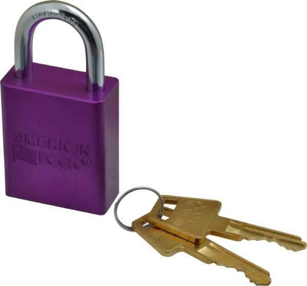 American Lock - Keyed Different Conductive Lockout Padlock - 1" Shackle Clearance, 1/4" Shackle Diam, 1.8" Body Height x 1-1/2" Body Width, Purple, 5 Pins - Benchmark Tooling