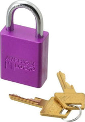 American Lock - Keyed Alike Conductive Lockout Padlock - 1" Shackle Clearance, 1/4" Shackle Diam, 1.8" Body Height x 1-1/2" Body Width, Purple, 5 Pins - Benchmark Tooling